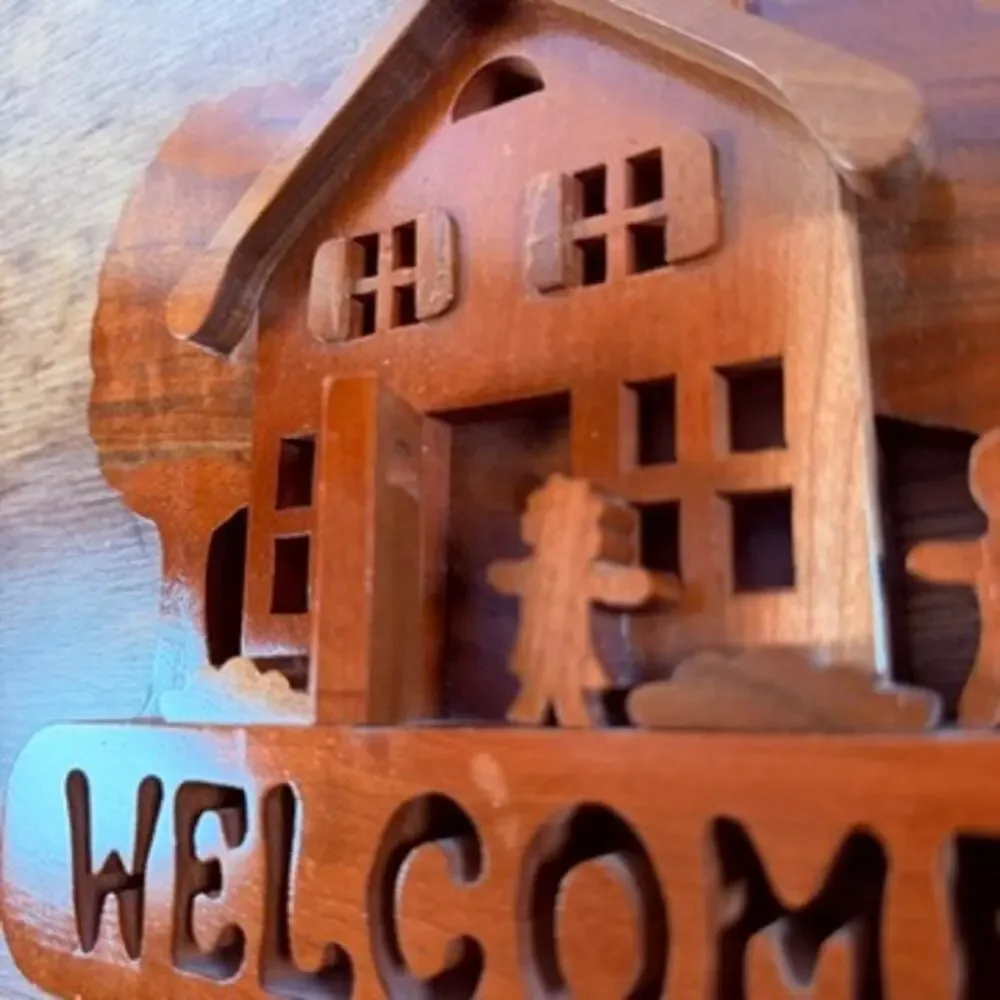 Vintage Signed John B McCauley Handcarved Wooden Welcome Sign Folk Art